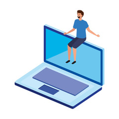 young man sitting in laptop computer vector illustration design
