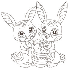 Set of stained glass illustrations with contour cartoon rabbits and egg , dark outline isolated on white background