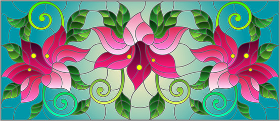 llustration in stained glass style with flowers, leaves and buds of pink lilies on a blue background