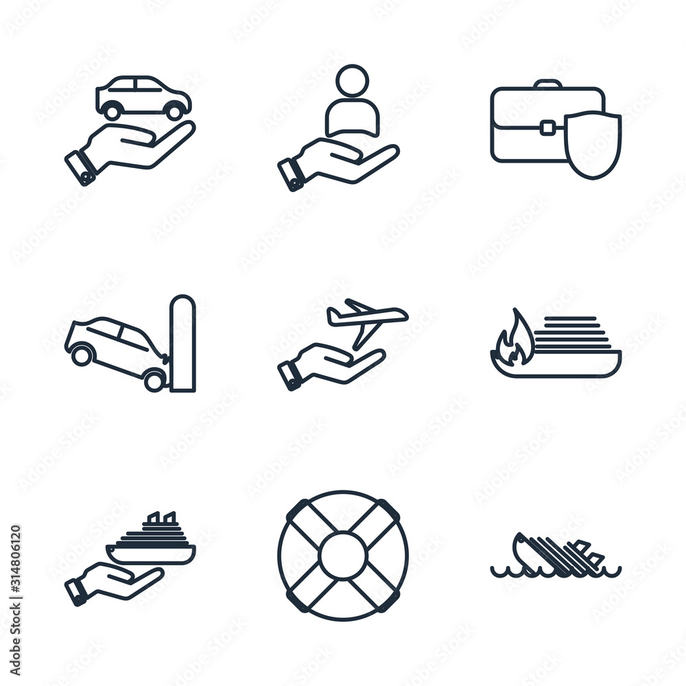 Poster set insurance icon template color editable. protection of health, life and property pack symbol vect