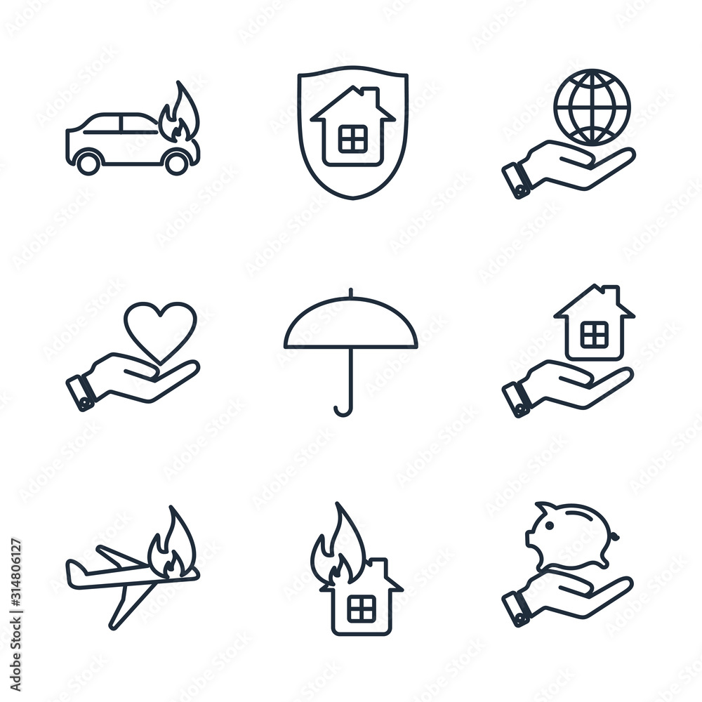 Aufkleber set insurance icon template color editable. protection of health, life and property pack symbol vect