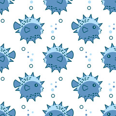 Seamless pattern with fish hedgehog. White and blue colors . Vector illustration for children's textiles, Wallpaper and other surfaces. Cartoon style © Надежда Аксенова
