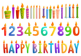 Birthday candle icons set. Cartoon set of birthday candle vector icons for web design