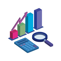 bars statistical with magnifying glass and calculator vector illustration design