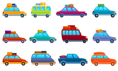Car trip icons set. Cartoon set of car trip vector icons for web design