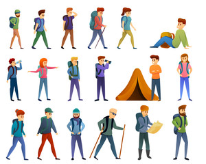 Hiking icons set. Cartoon set of hiking vector icons for web design
