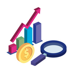 bars statistical with magnifying glass and coin vector illustration design