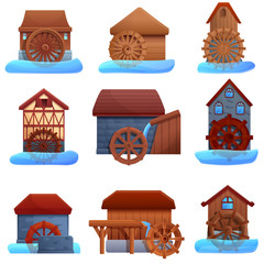 Water mill icons set. Cartoon set of water mill vector icons for web design © nsit0108