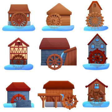 Water mill icons set. Cartoon set of water mill vector icons for web design