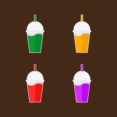 Fruit smoothies in plastic cups and bottle; blueberry, strawberry, kiwi, blackberry, orange.