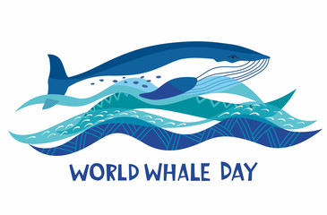 World whale day. Stylish whale swims along the decorative waves. Vector hand drawing