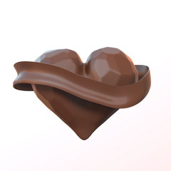 Happy Valentine's Day hearT made of dark sweet chocolate or caramel. 3d illustration isolated on white background. Mockup template for your text