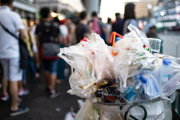 Pile of used plastic bags in the bin