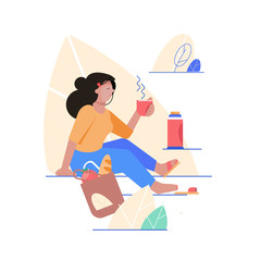 A woman sits in the park and drinks coffee, tea. Flat style vector illustration