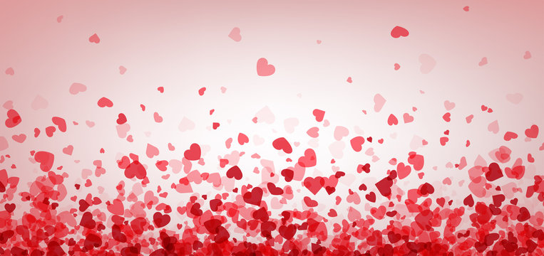 Valentines day card. Heart confetti falling over pink background for greeting cards, wedding invitation.