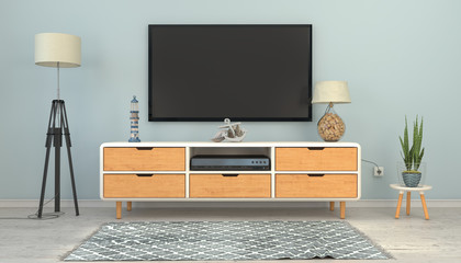 3d illustration - Skandinavisches, nordisches Wohnzimmer mit einem Sideboard und Flatscreen - Textfreiraum - Platzhalter