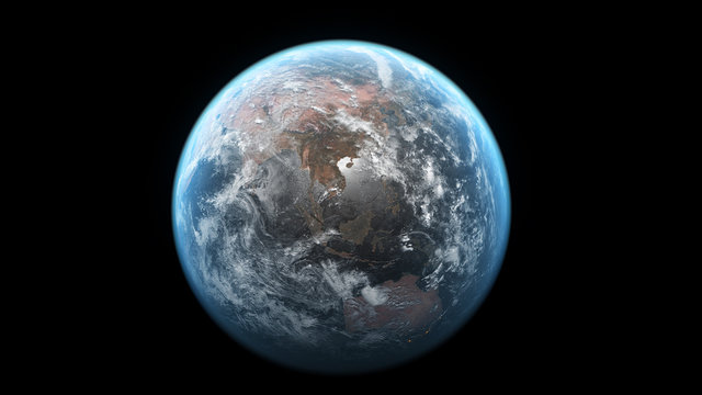 3D scene Earth globe with atmosphere and clouds view from the space no stars with use NASA earth images