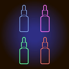 Flacon with a pipette in a stopper with a medical liquid, or with CBD oil from glowing blue, red, pink and green neon luminescence lines on classic blue dark background. Set of parts.