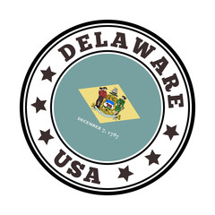 Delaware sign with state flag in a round logo design. Vector illustration.