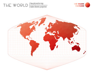 Low poly world map. Baker Dinomic projection of the world. Red shades colored polygons. Stylish vector illustration.
