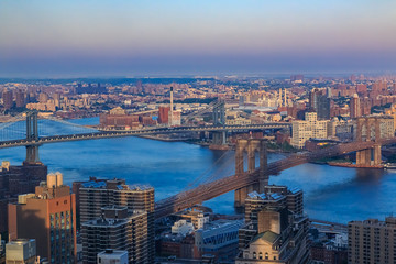 Fototapeta na wymiar Aerial view from New York Downtown lower Manhattan on Brooklyn skyline over Brooklyn and Manhattan Bridges on East River