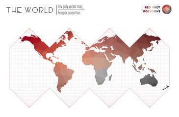 Polygonal world map. HEALPix projection of the world. Red Grey colored polygons. Contemporary vector illustration.