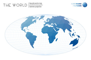 Polygonal map of the world. Hammer projection of the world. Blue Shades colored polygons. Amazing vector illustration.