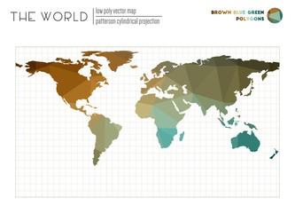 World map with vibrant triangles. Patterson cylindrical projection of the world. Brown Blue Green colored polygons. Beautiful vector illustration.