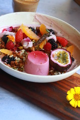 Raspberry Panna Cotta with Toasted Granola, Fruit and Berries, Passionfruit and Raspberry Coconut Yoghurt