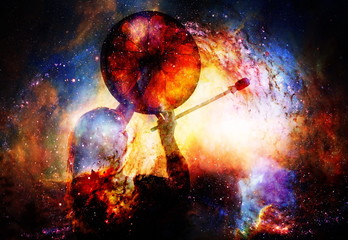 shamanic girl with frame drum on abstract structured space background.