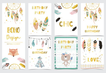 Collection of boho background set with feather, tent,dreamcatcher.Editable vector illustration for birthday invitation,postcard and website banner © piixypeach