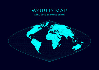 Map of The World. Sinusoidal projection. Futuristic Infographic world illustration. Bright cyan colors on dark background. Artistic vector illustration.
