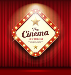 Cinema Theater sign star shape red curtain light up banner design background, vector illustration