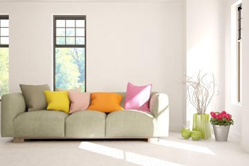 Stylish room in white color with colorful sofa. Scandinavian interior design. 3D illustration