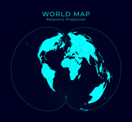 Map of The World. American polyconic projection. Futuristic Infographic world illustration. Bright cyan colors on dark background. Powerful vector illustration.