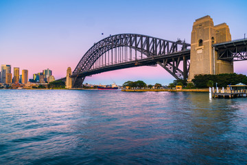 Naklejka premium Sydney harbour bridge with city skyline, New south wales, Australia