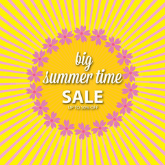 Big summer sale banner. Sun with rays, clouds and sign. Summer template poster design for print or web