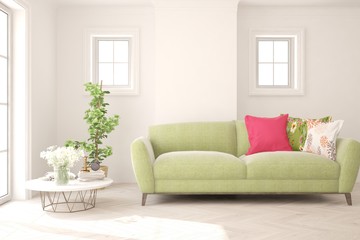 Stylish room in white color with sofa. Scandinavian interior design. 3D illustration