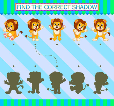 Find the correct shadow. Cartoon cute lion of illustration