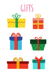 Colorful wrapped gift boxes, presents. Flat style