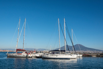Mount Vesuvius and sea yachts, Naples bay (Napoli bay), Italy
