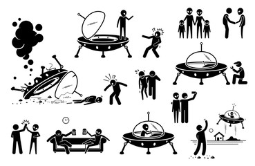 Alien UFO and human first contact and become friend. Vector illustration of alien UFO arrive to planet Earth and crashing the spaceship. Man rescue alien and they become friends. Alien fly back. - obrazy, fototapety, plakaty