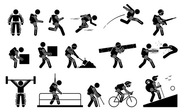 Human wearing futuristic exoskeleton body for bionic power stick figure pictogram icons. Vector illustrations of man with exoskeleton suit for strength, military, construction, medical, and sport.