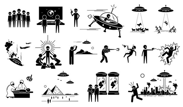 Alien UFO invasion on human in planet Earth. Vector illustration of alien abduct human and animals for experiment. Invader killing people and destroy cities. Soldier retaliate with war against alien.