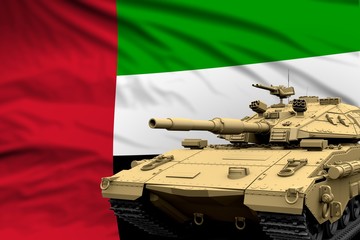 Heavy tank with fictional design on United Arab Emirates flag background - modern tank army forces concept, military 3D Illustration