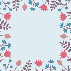 Decorative template with square floral ornament. Boxy floral frame with wild flowers and tulips. Vector illustration EPS10