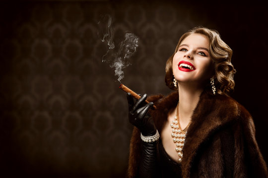 Woman Smoking Cigar, Fashion Model Retro Beauty Style, Happy Old Fashioned Lady