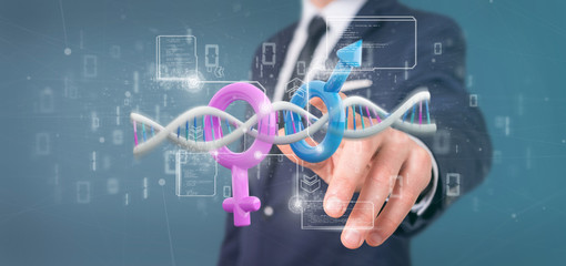 Businessman holding a DNA with data and male and female symbol - 3d rendering
