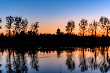 Obraz premium Sunset Landscape of Changchun Beihu National Wetland Park, China