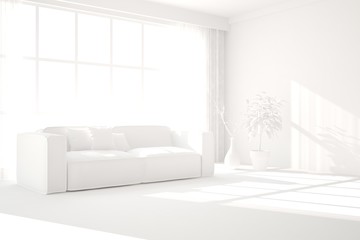 Mock up of stylish room in white color with sofa. Scandinavian interior design. 3D illustration